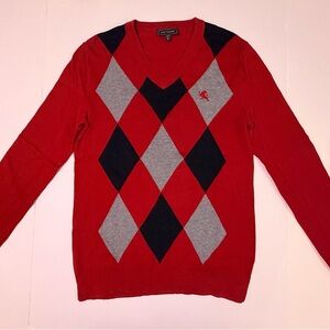 Express Men's V-Neck Sweater in Red and Black Diamond Pattern